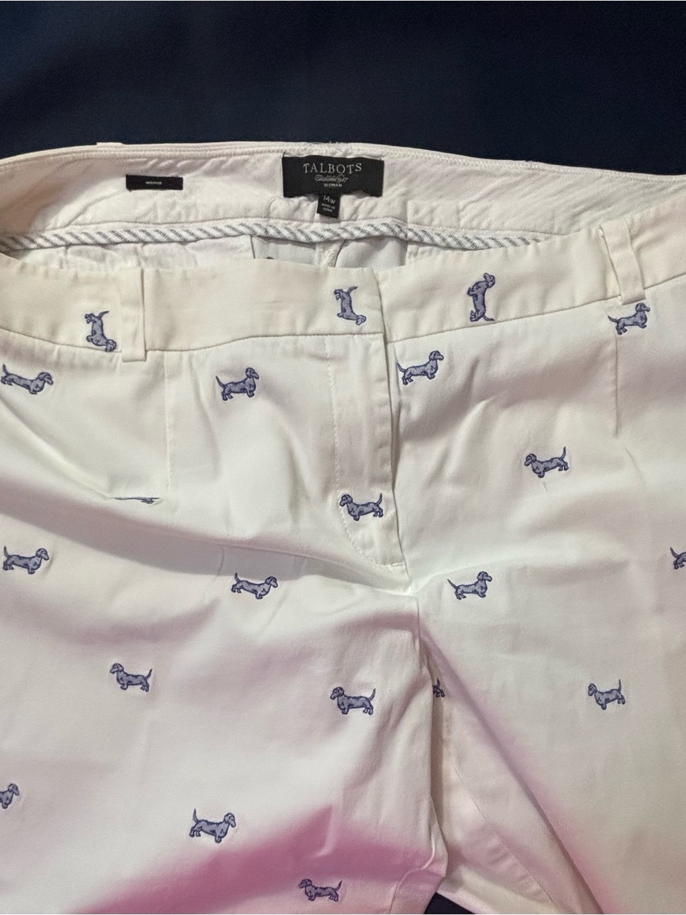 TALBOTS NWOT White Chinos With Embroidered Blue Dachshunds! Size 14W